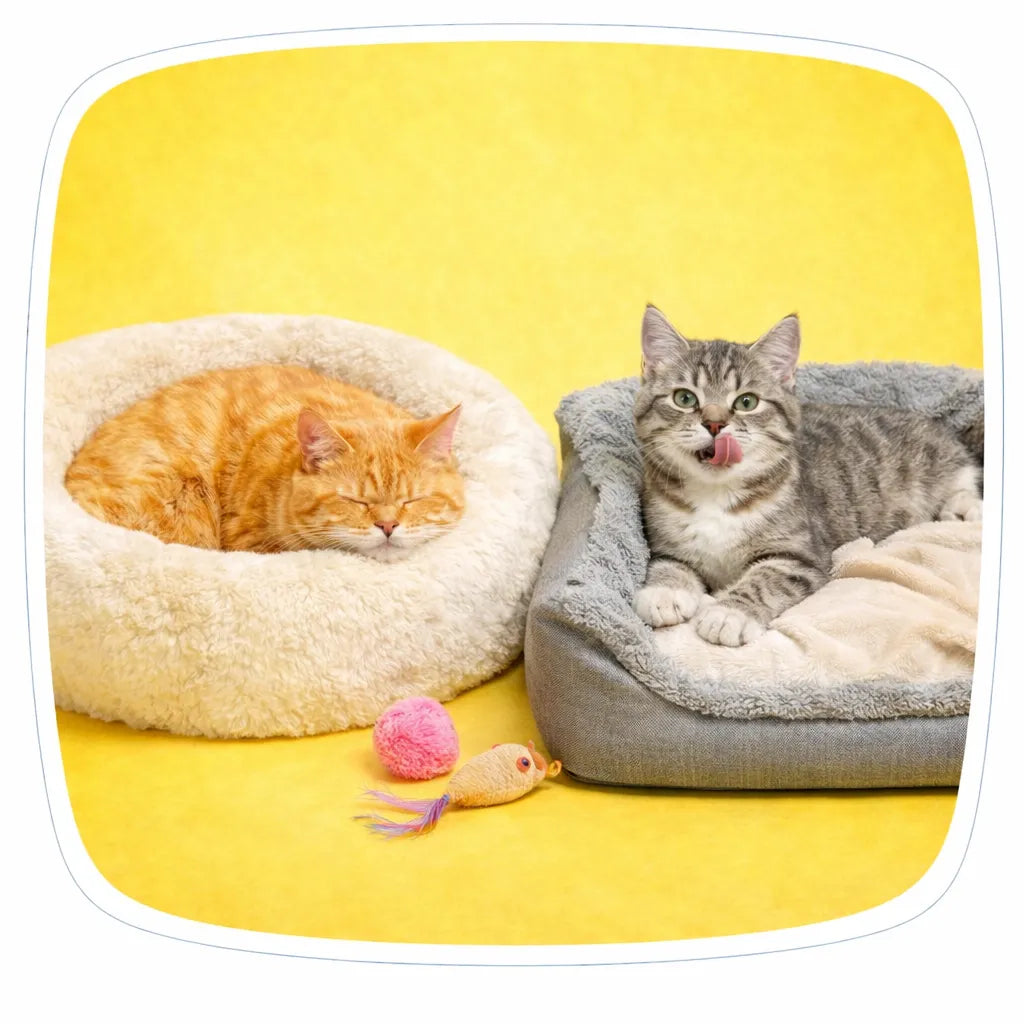 Two cats resting in plush and orthopedic cat beds for ultimate comfort