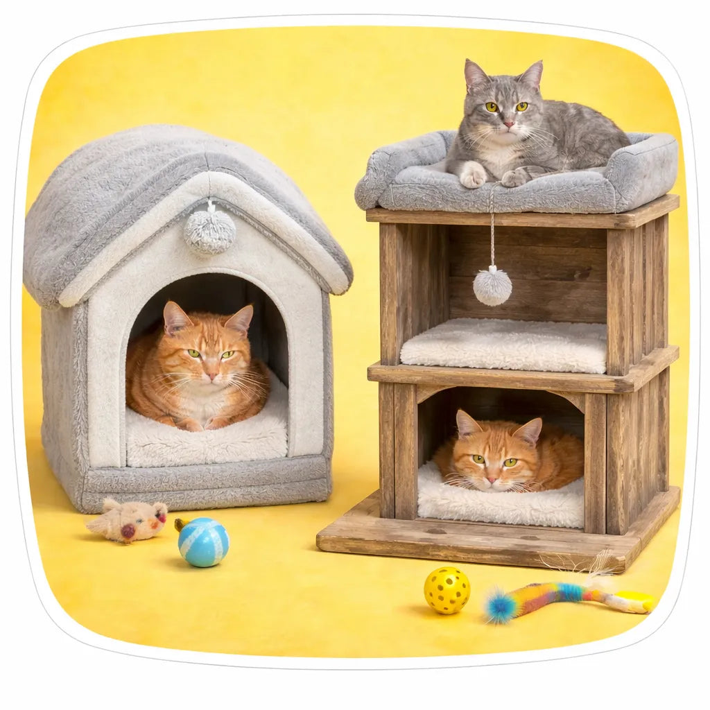 Cozy indoor cat houses including wooden and igloo style designs with cats inside