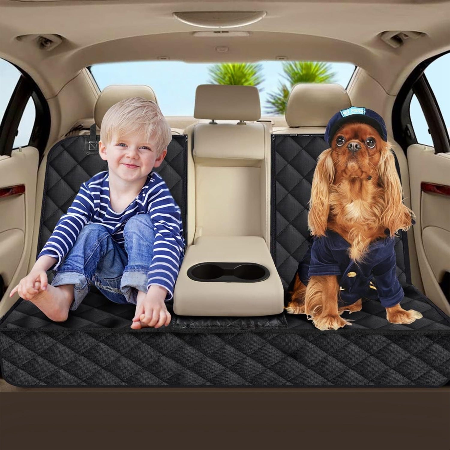 SeatGuard black quilted waterproof dog car seat cover with cup holder
