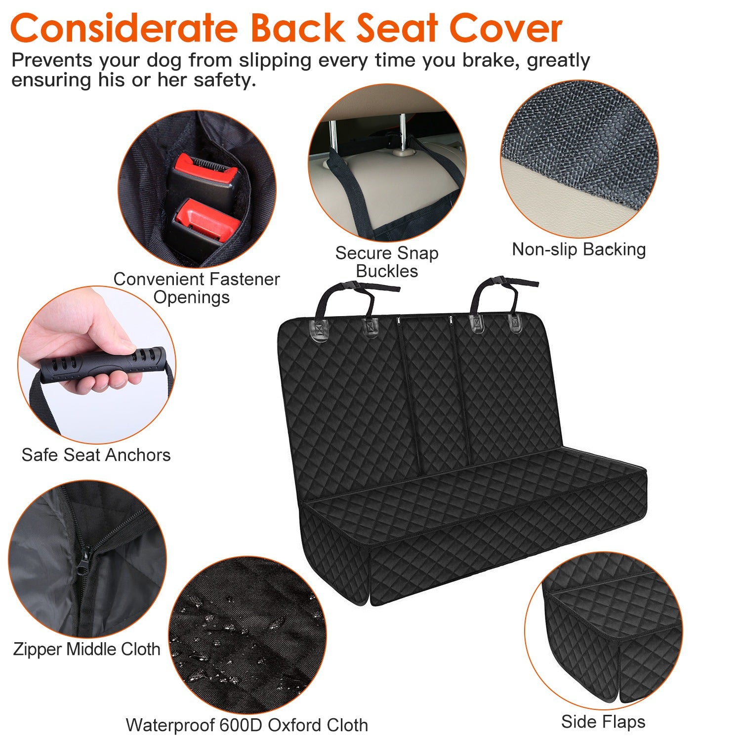 SeatGuard back seat cover rear view black quilted waterproof 600D oxford