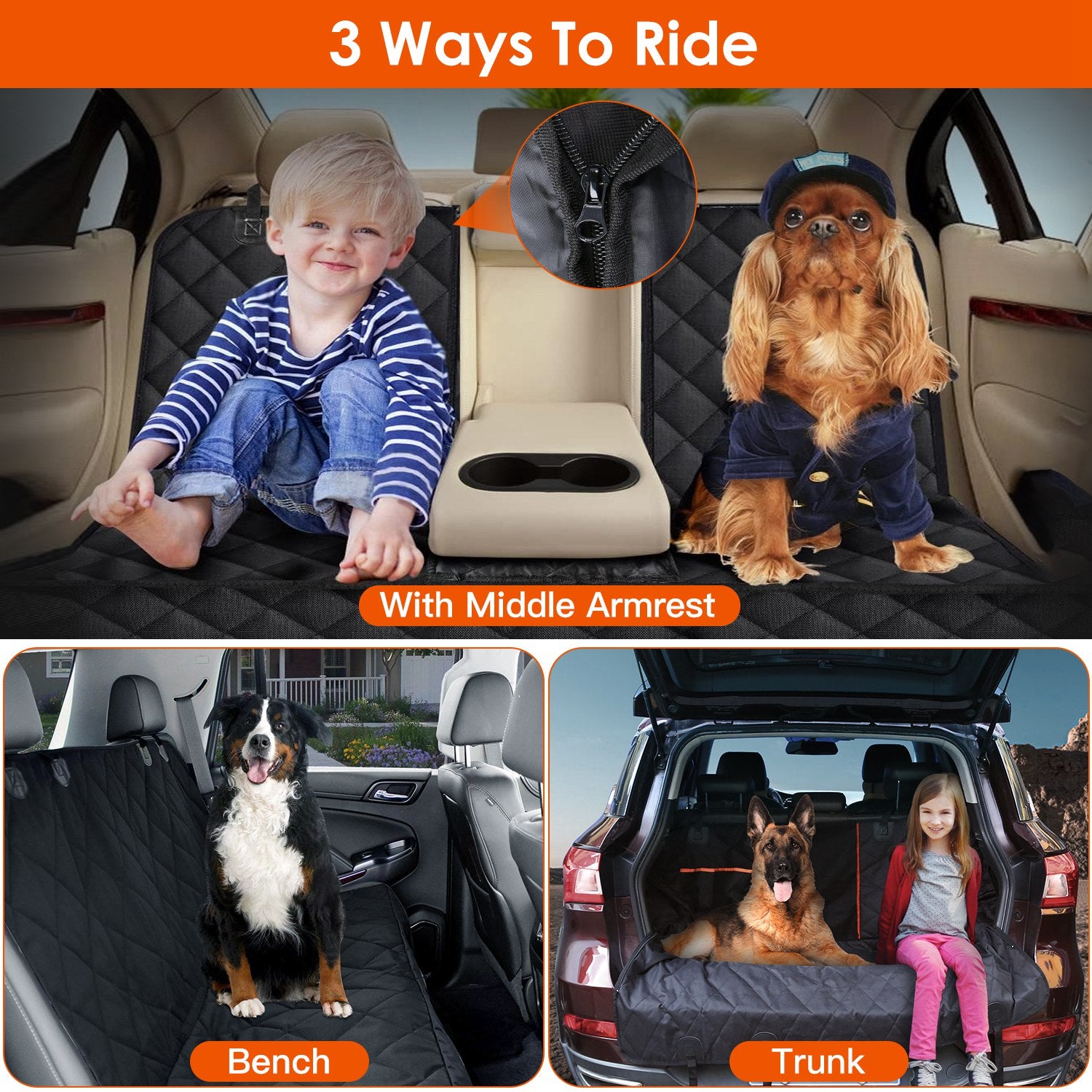 SeatGuard black quilted waterproof dog car seat cover with armrest bench trunk
