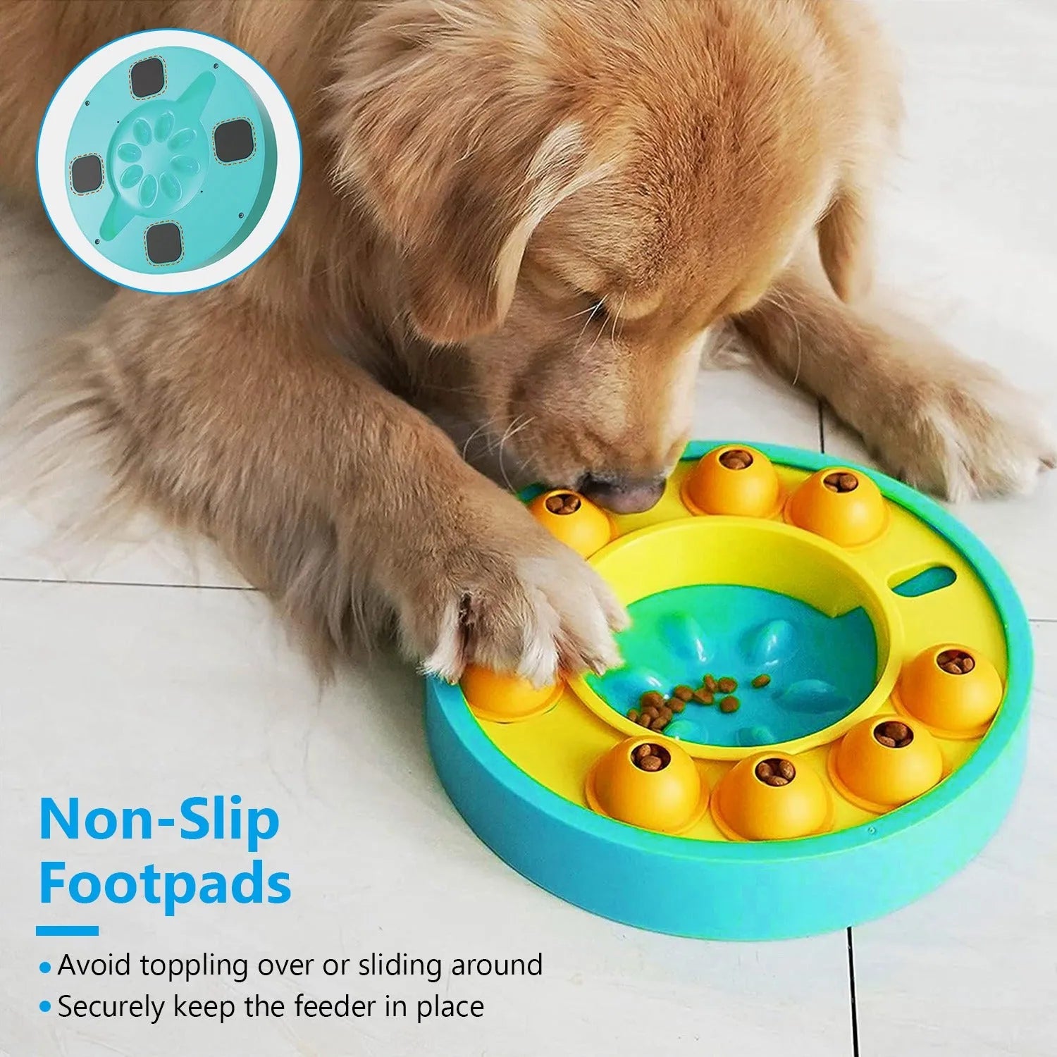MindSpin puzzle food feeder with turquoise base, yellow accents, orange compartments