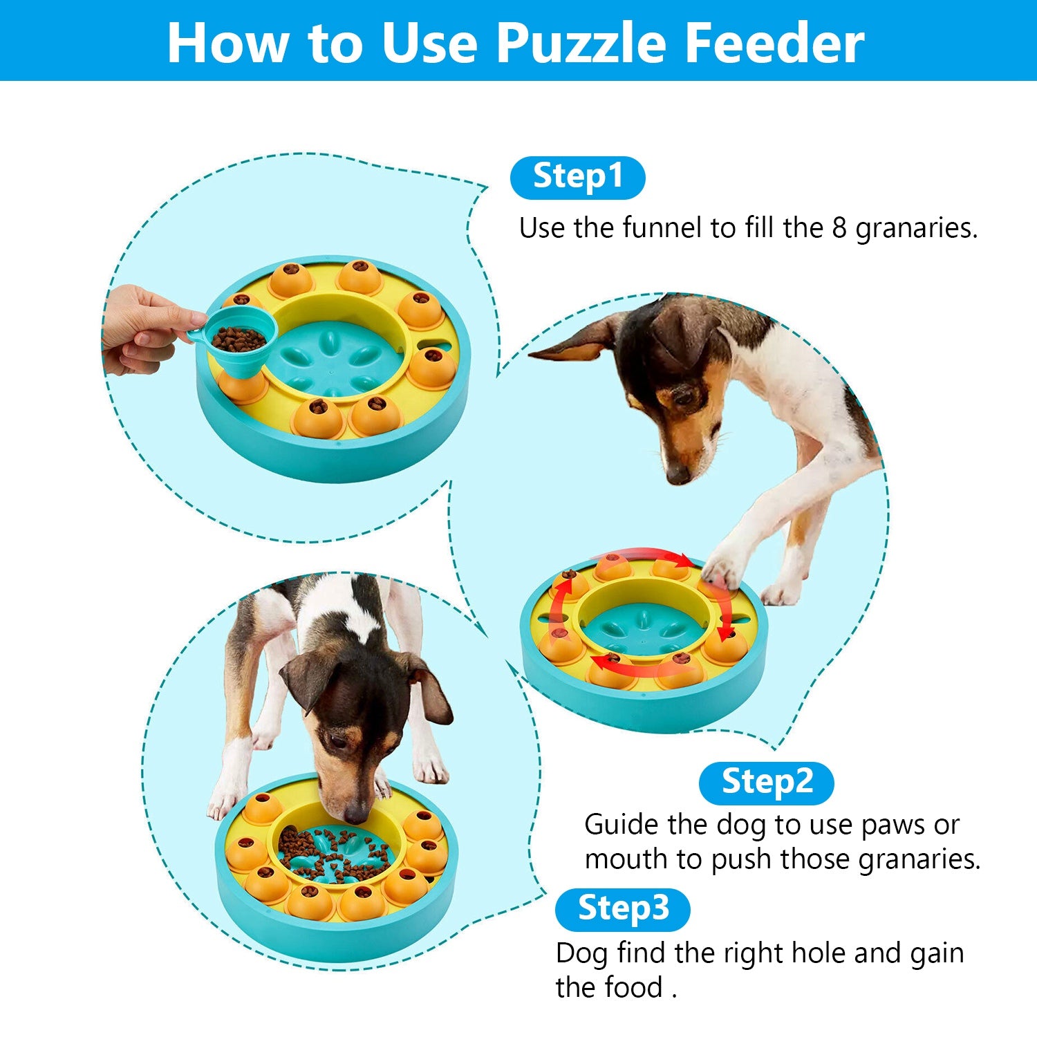 MindSpin puzzle feeder: blue-yellow circle with 8 orange granary slots