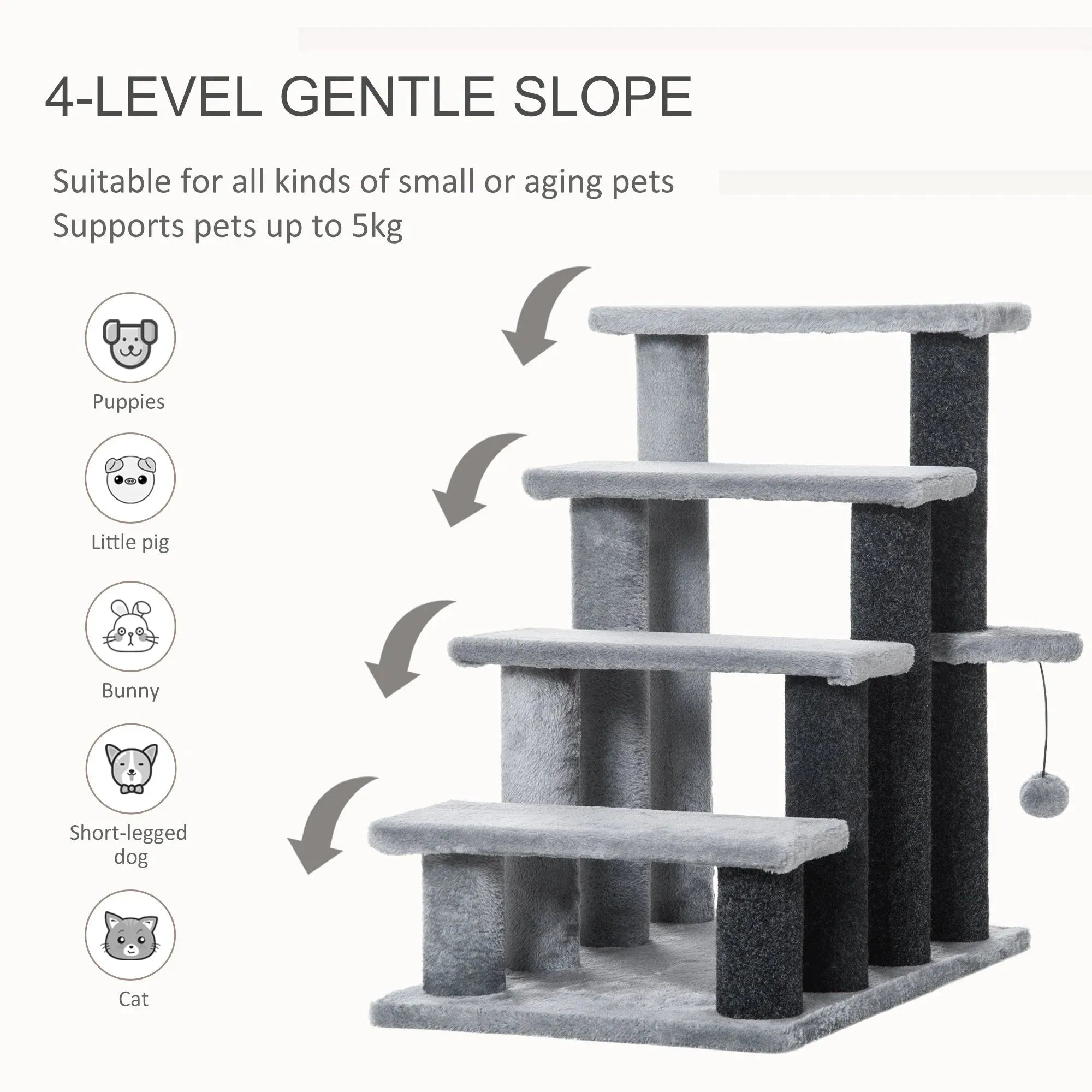 StepClimb™ gray and black 4-level cat tree with sloped carpeted platforms