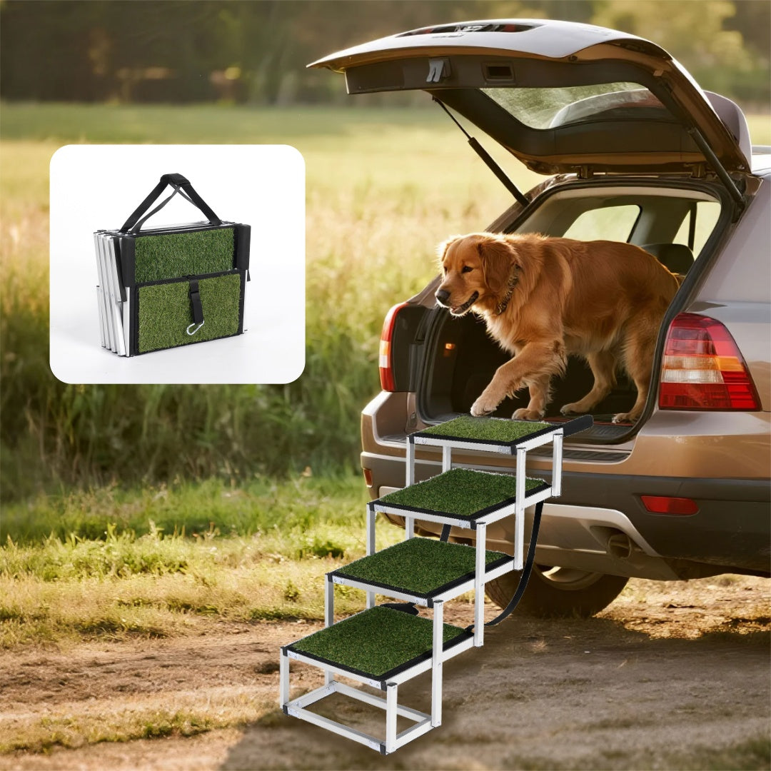 Silver-framed AutoStride dog ramp with green grass steps for vehicles