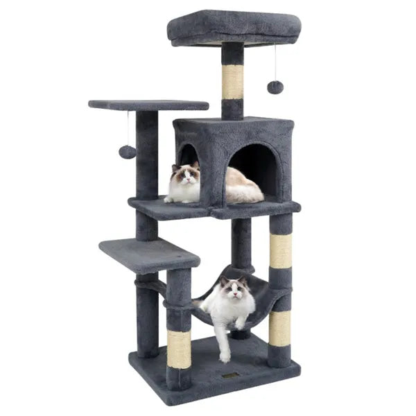 SkyRest 44’’ gray multi-level cat tree with sisal posts, platforms, perch and hammock