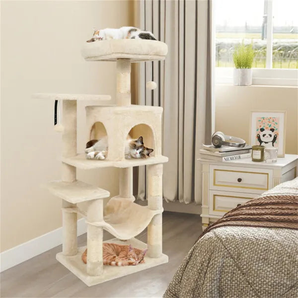 SkyLounge 44’’ beige multi-level cat tree with hammock, platforms and posts