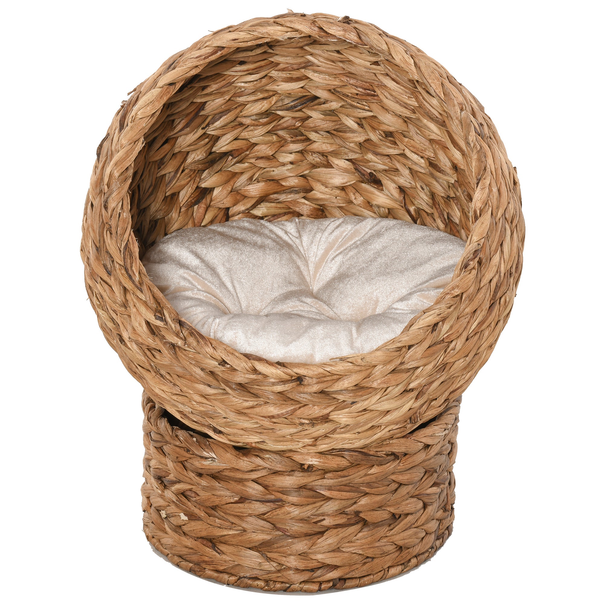 EggNest Handwoven elevated cat bed with wicker frame and plush white cushion