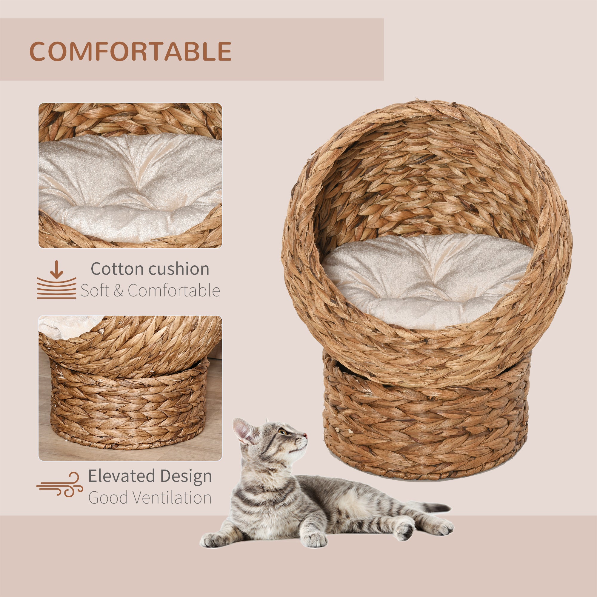 EggNest Handwoven elevated cat bed with soft cushion