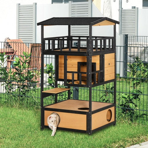 WoodHaven Wooden Outdoor Cat House: black and light wood multi-level tower with roof