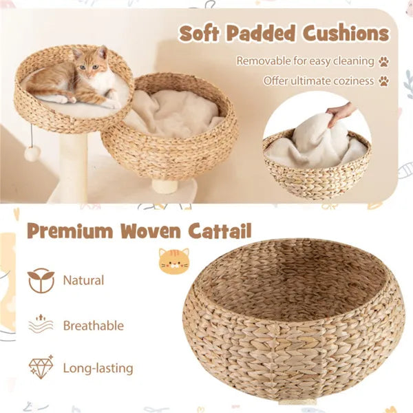 HyacinthClimb white cat bed of woven cattail fibers with padded cushion