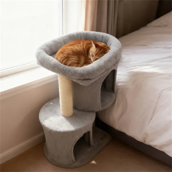 NestStep 26’’ compact cat tree with cozy gray plush top, scratching post