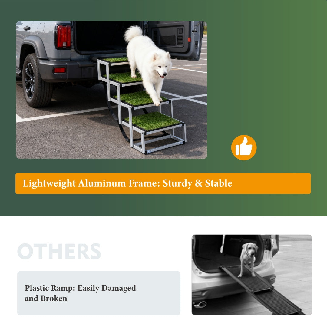 Autostride heavy-duty 3-step foldable dog ramp with aluminum frame and grass surface