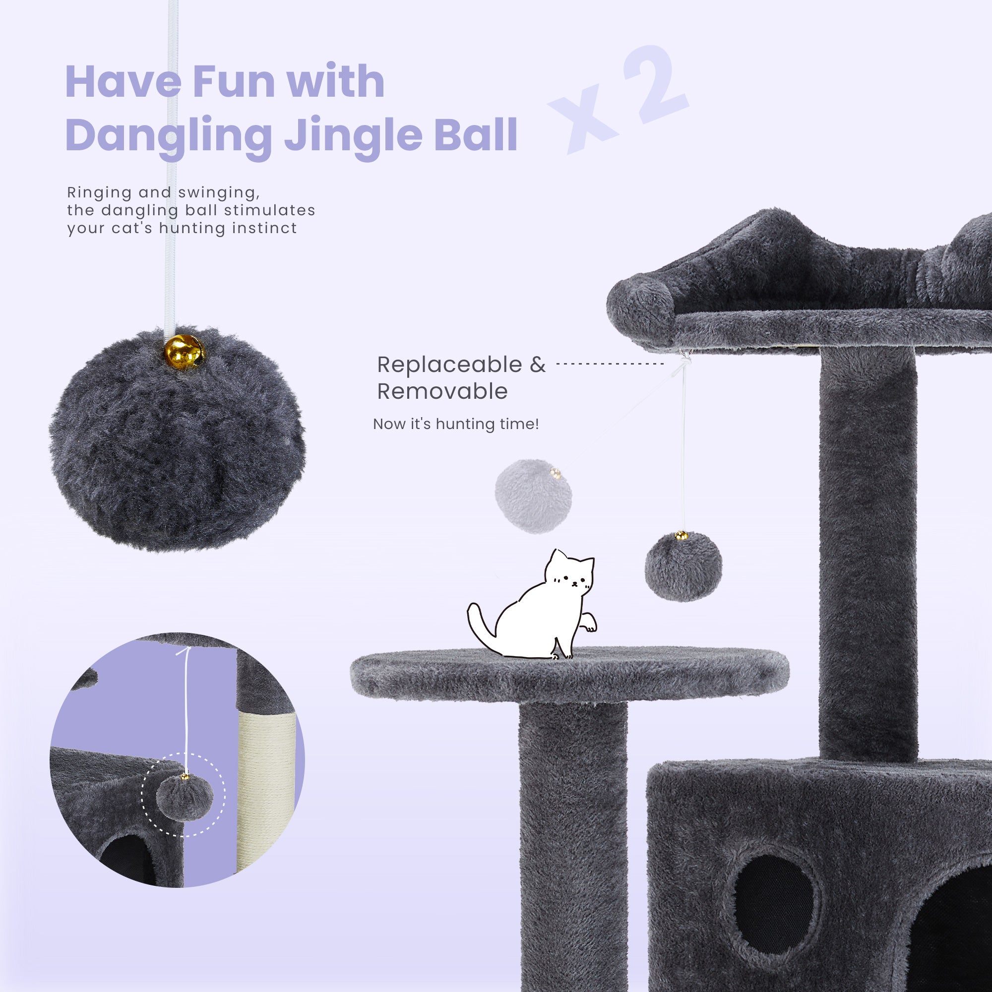 Gray plush jingle ball with gold bell on MegaClimb large cat tree tower