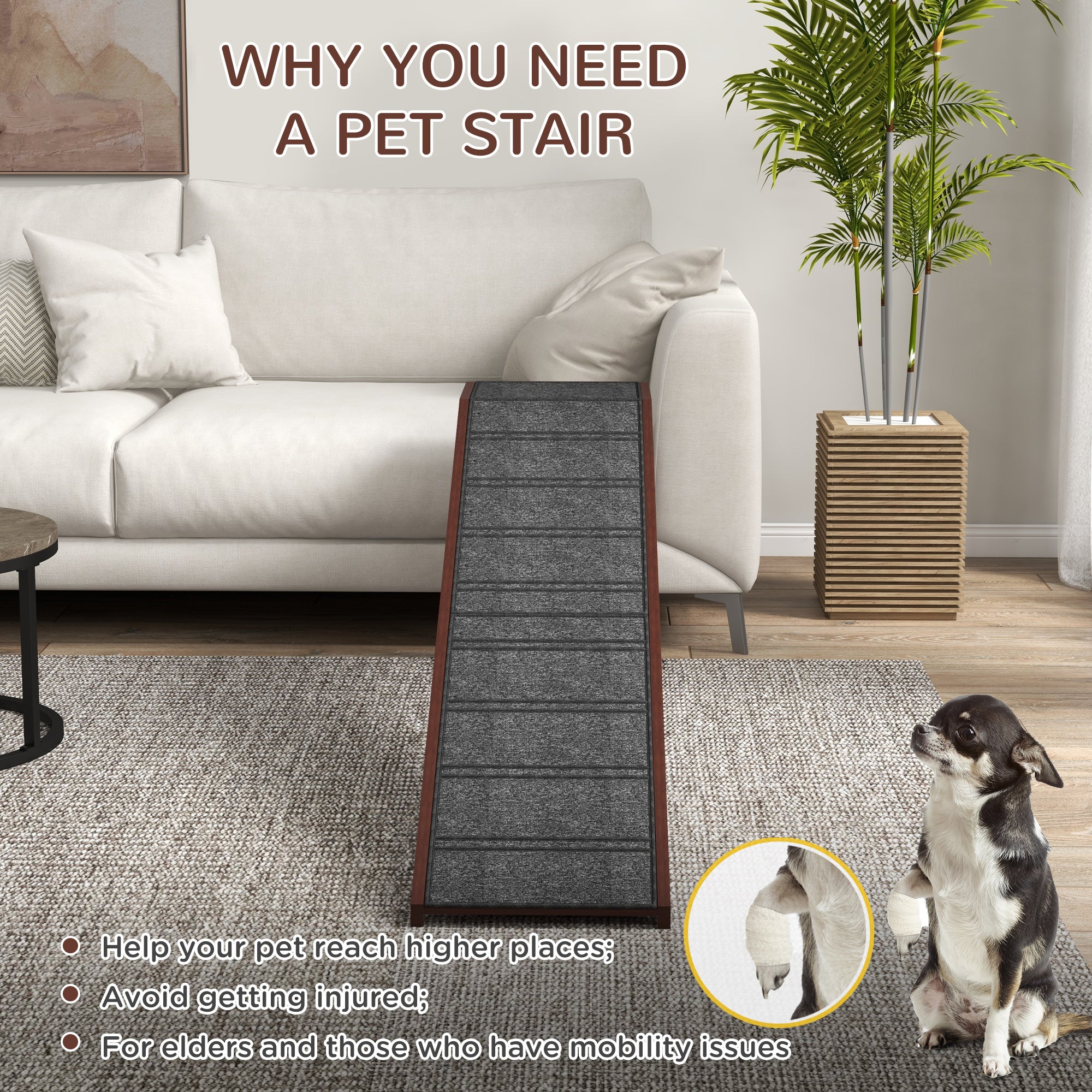 Gray textured EasyClimb pet stair with wooden sides and non-slip carpet