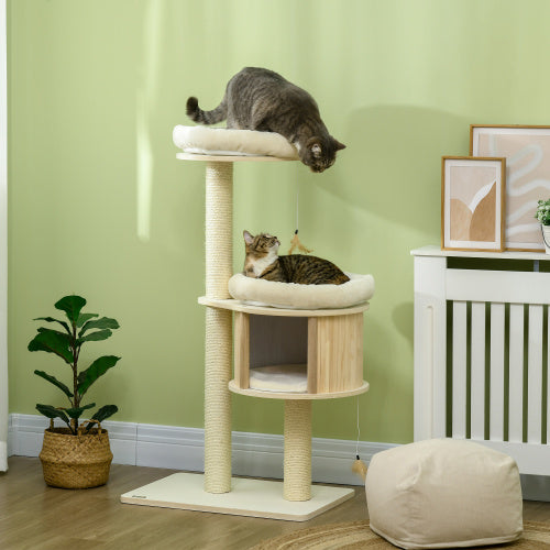 PlayNest 3-level beige cat tree with sisal posts and cozy hideaway