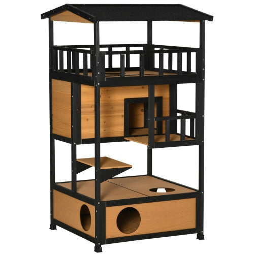 WoodHaven Wooden Outdoor Cat House with black light wood platforms perches