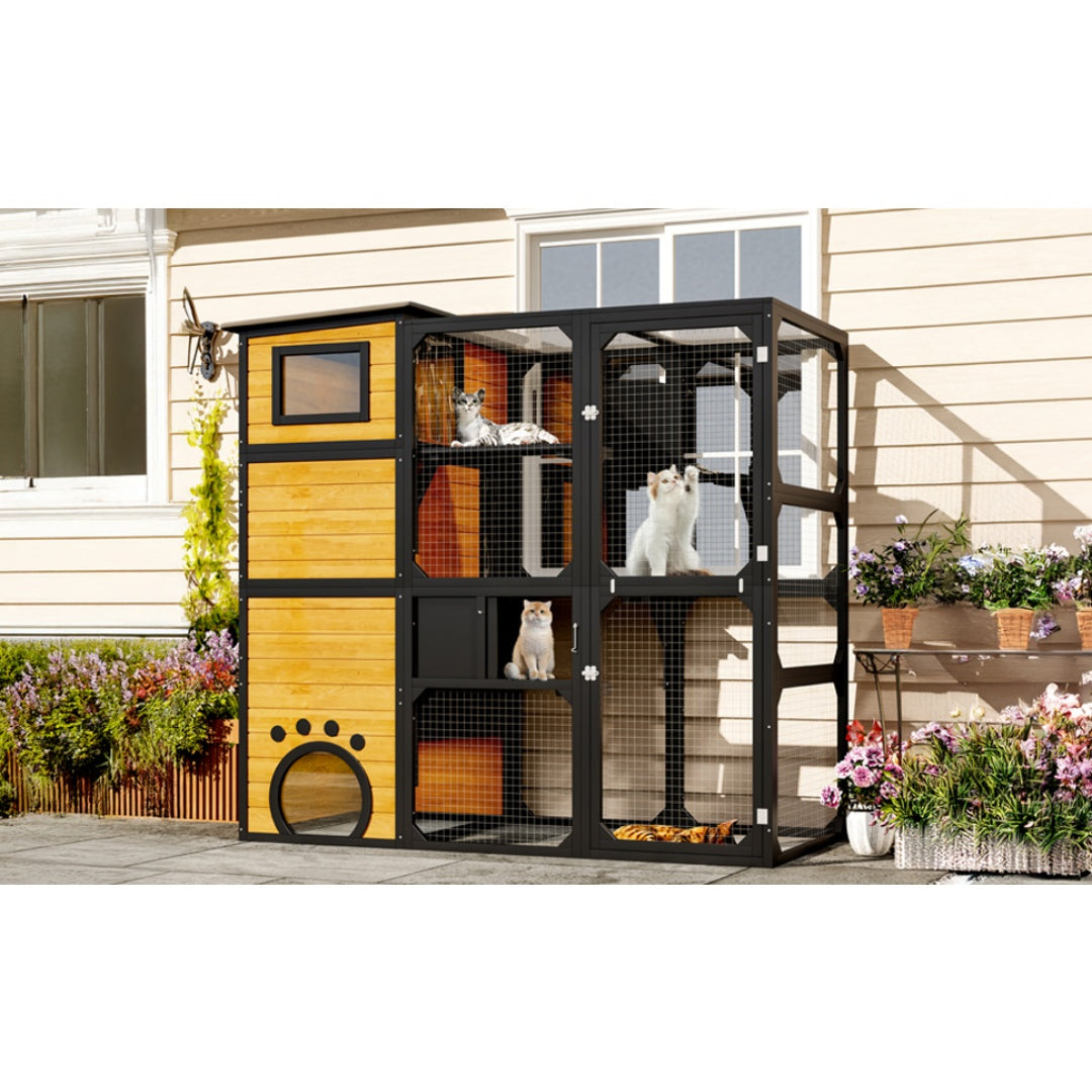 SunHaven Large 4-Tier Outdoor Catio with black frame, yellow panels, mesh sides, paw-print entrance, perches