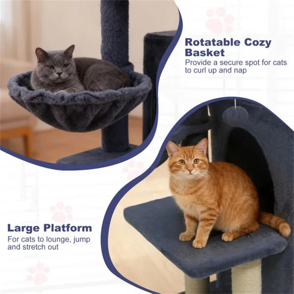 Dark gray plush rotatable cozy cat basket in ClimbNest 33.5’’ cat tree