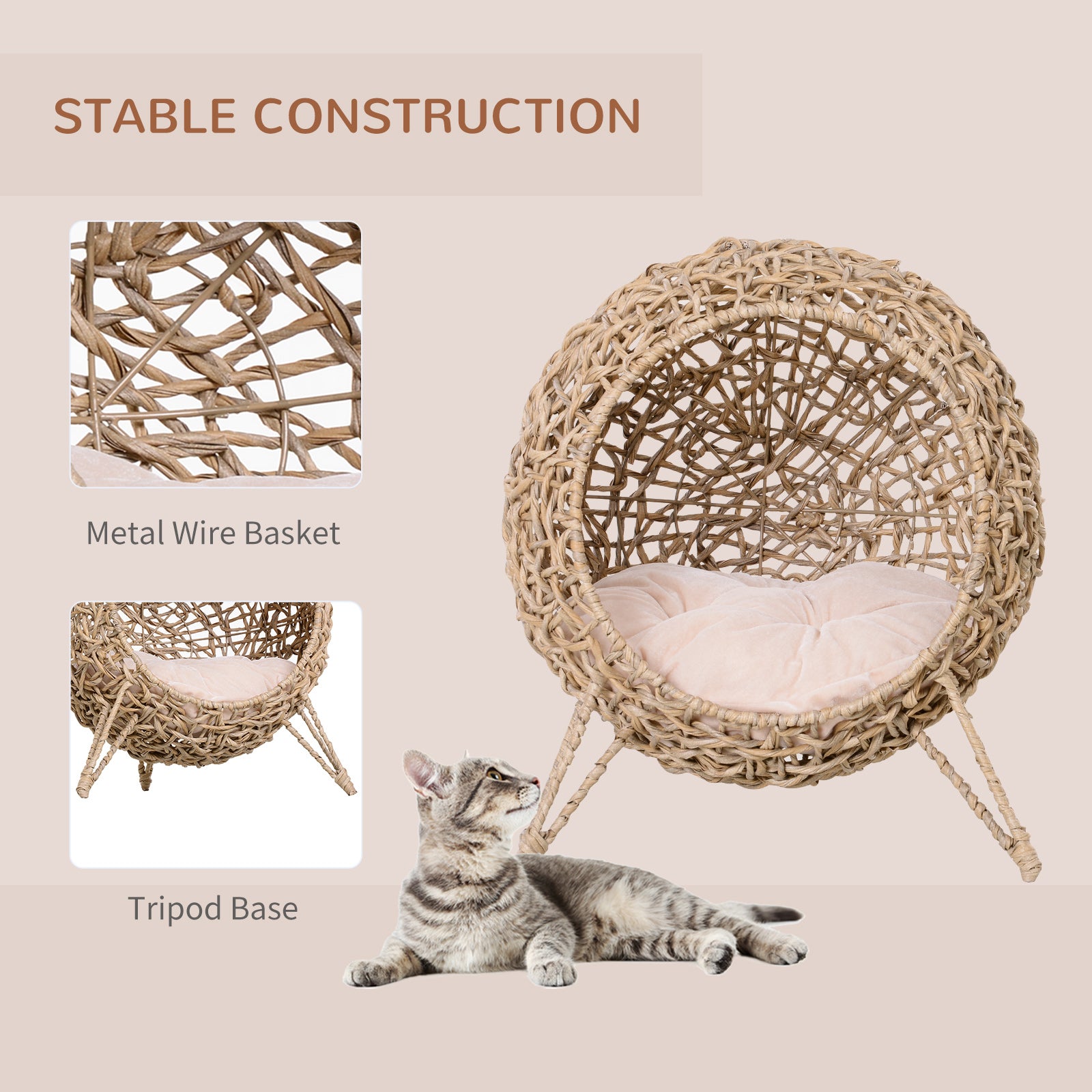 LeafNest beige woven wicker cat hammock with pink cushion on tripod base