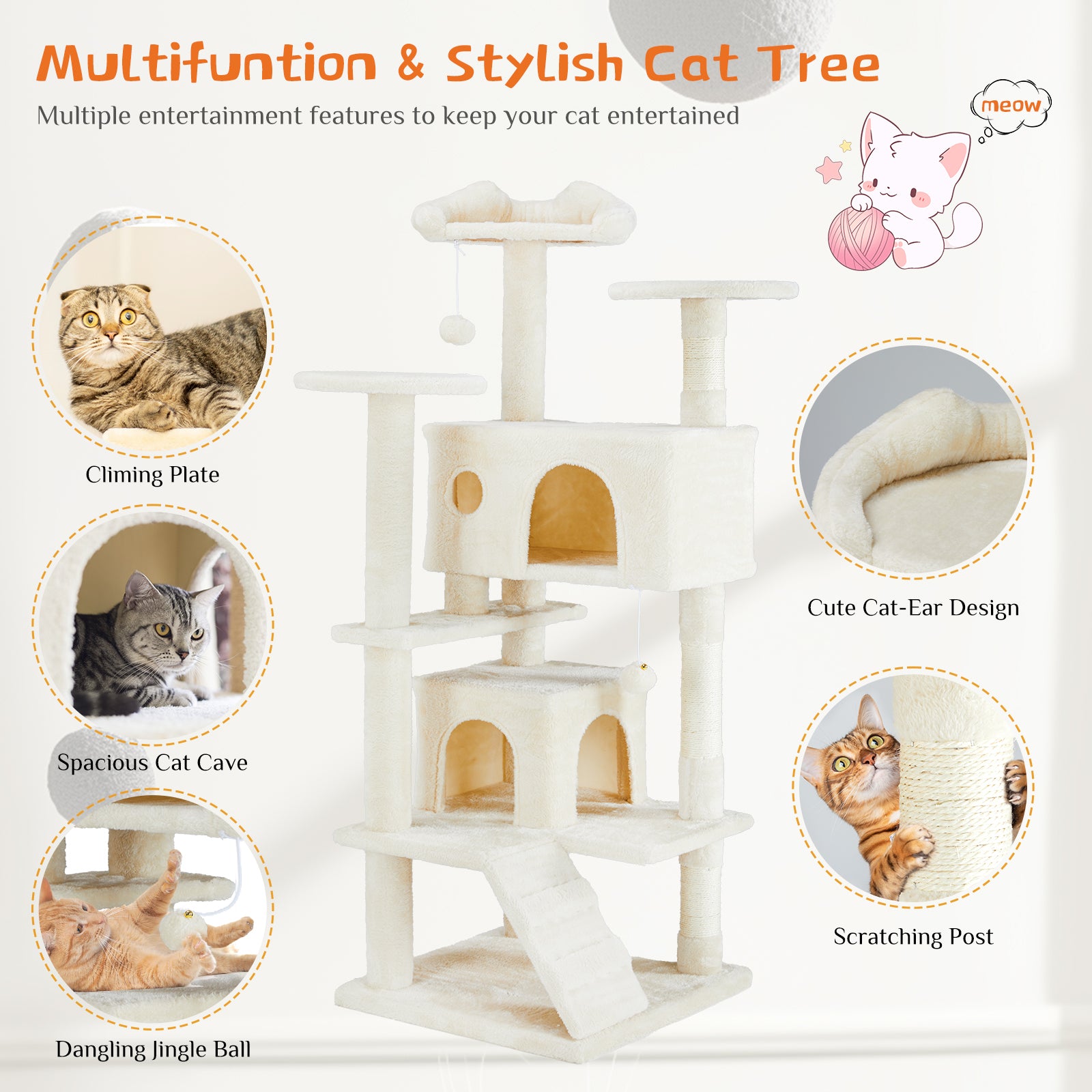 ClimbNest cream multifunction cat tree with multi-level design, posts, spots