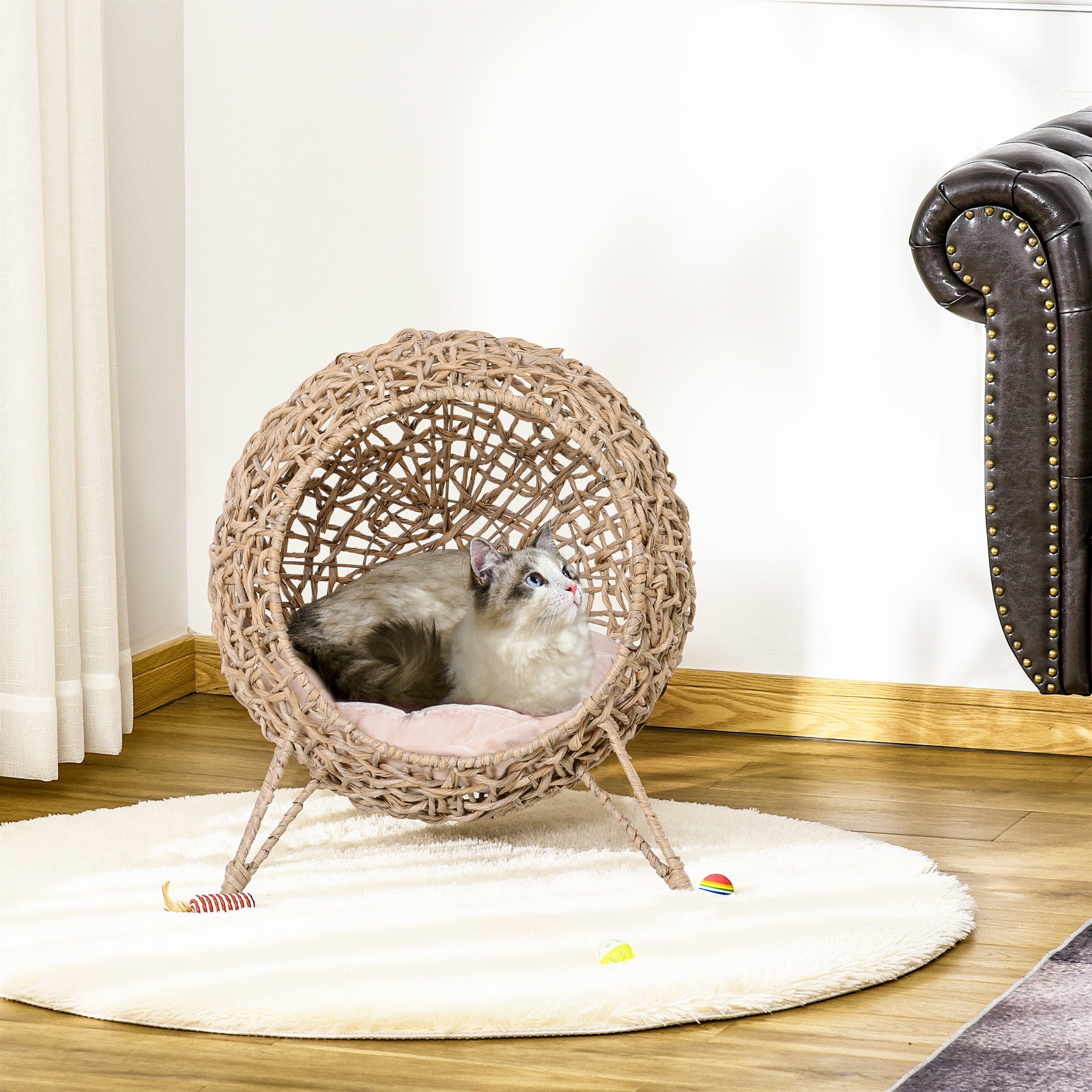 LeafNest 20.5in beige woven wicker elevated cat bed with pink cushion