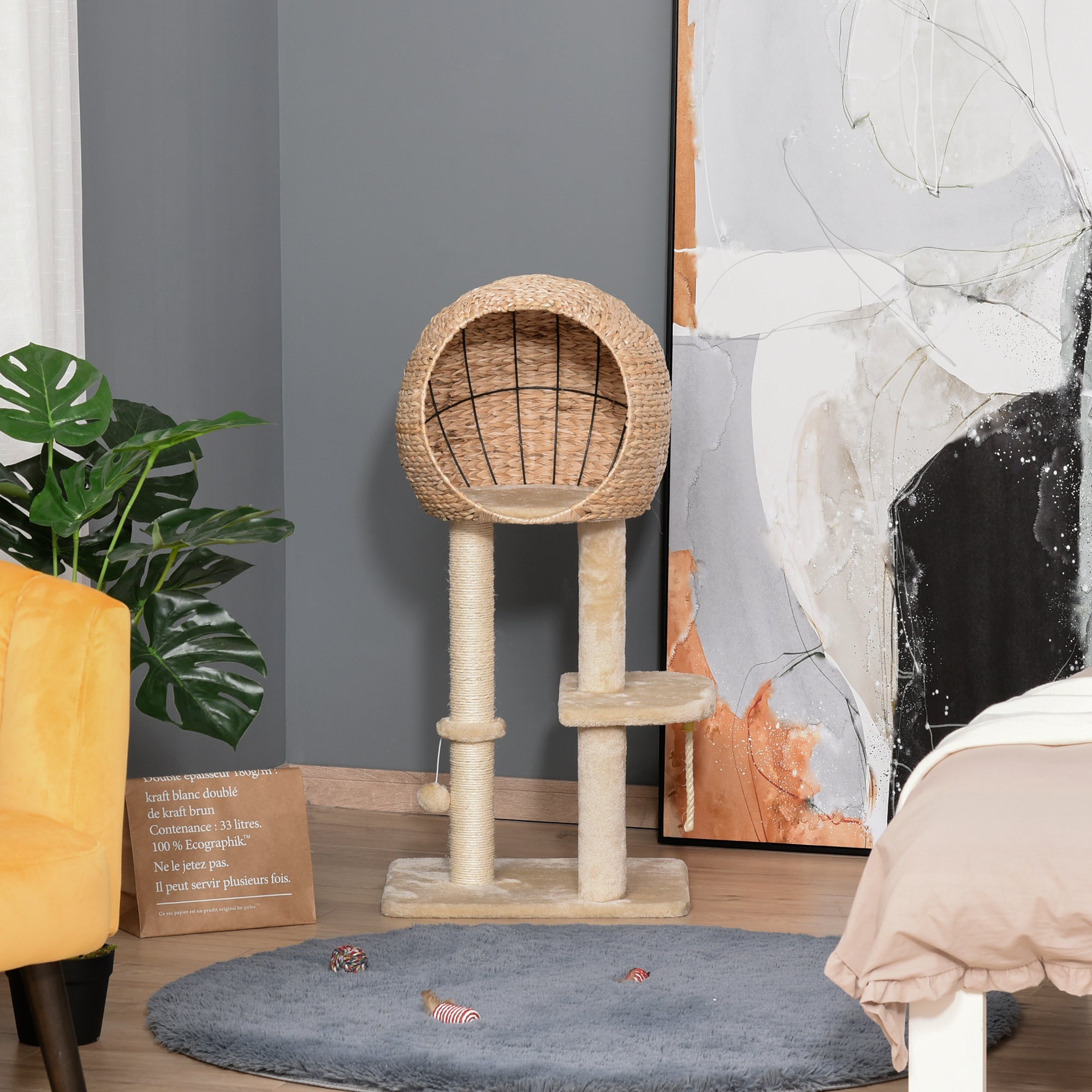 CozyClimb 39in beige wicker cat tree with sisal posts and basket top