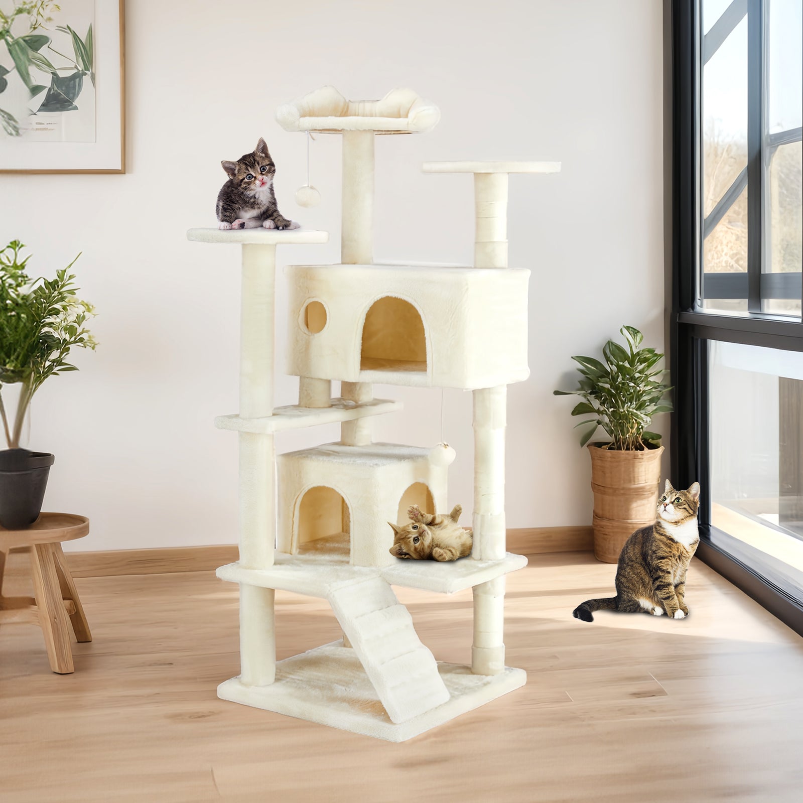 ClimbNest cream multi-level cat tree with carpeted platforms and posts