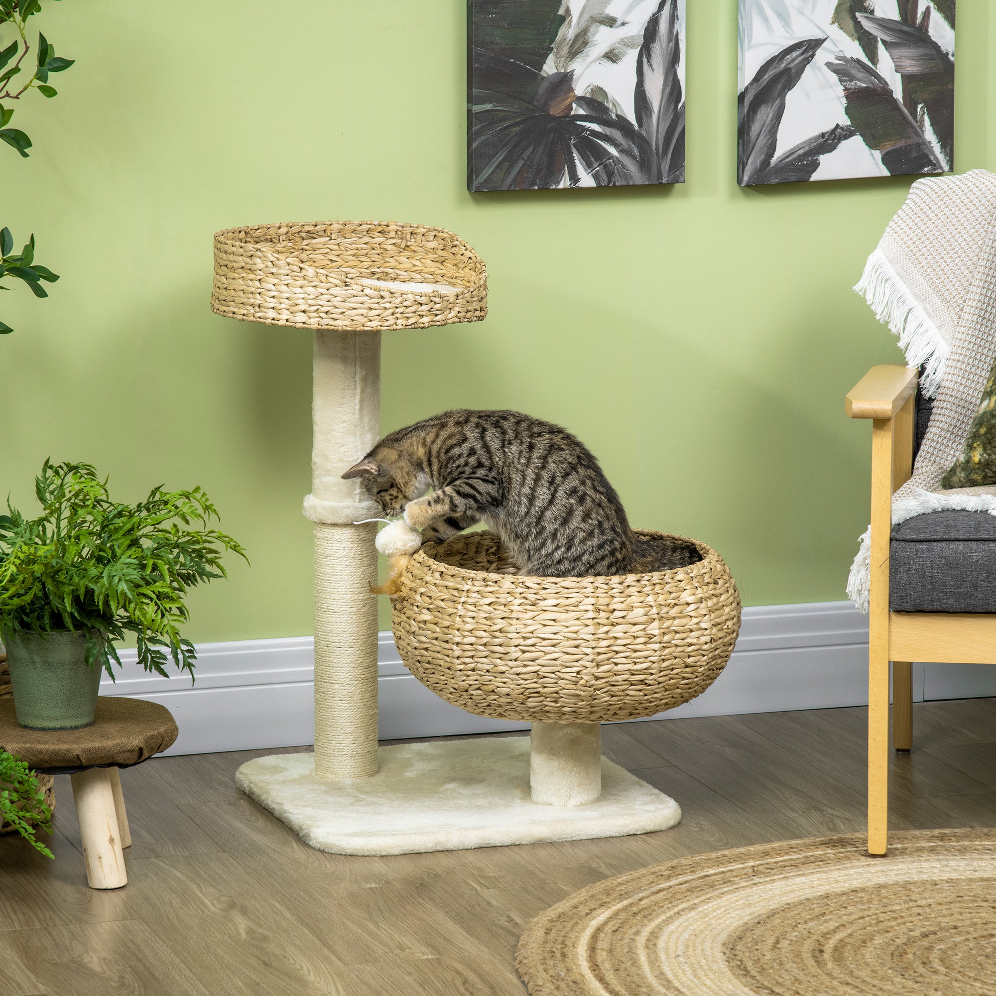 BasketClimb 28’’ elevated cat bed with wicker top, hammock base, sisal posts