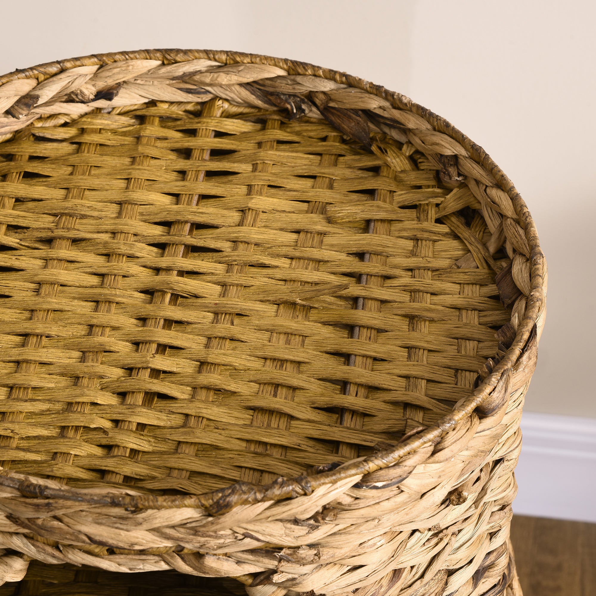 StackNest Elevated Cat Bed Tower wicker basket with tight weave and frayed edges