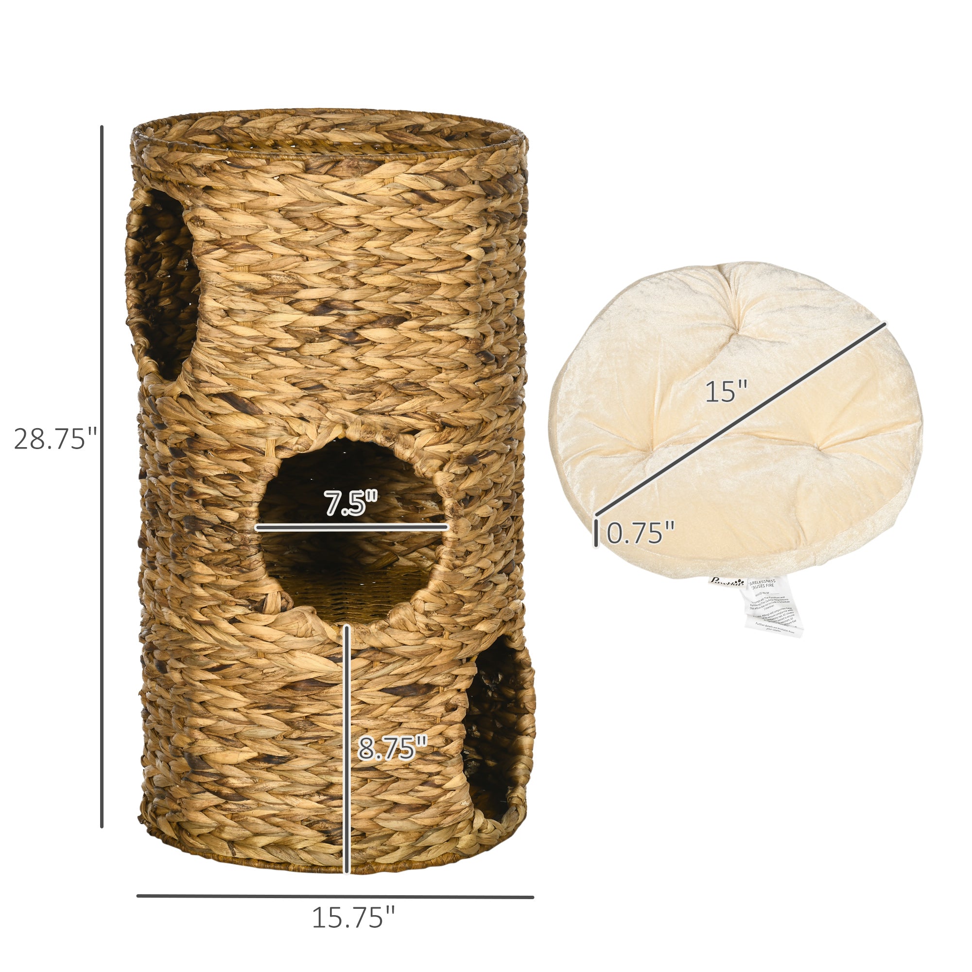 StackNest Elevated Cat Bed Tower: tall seagrass cylinder with 3 hideaways and cream cushion