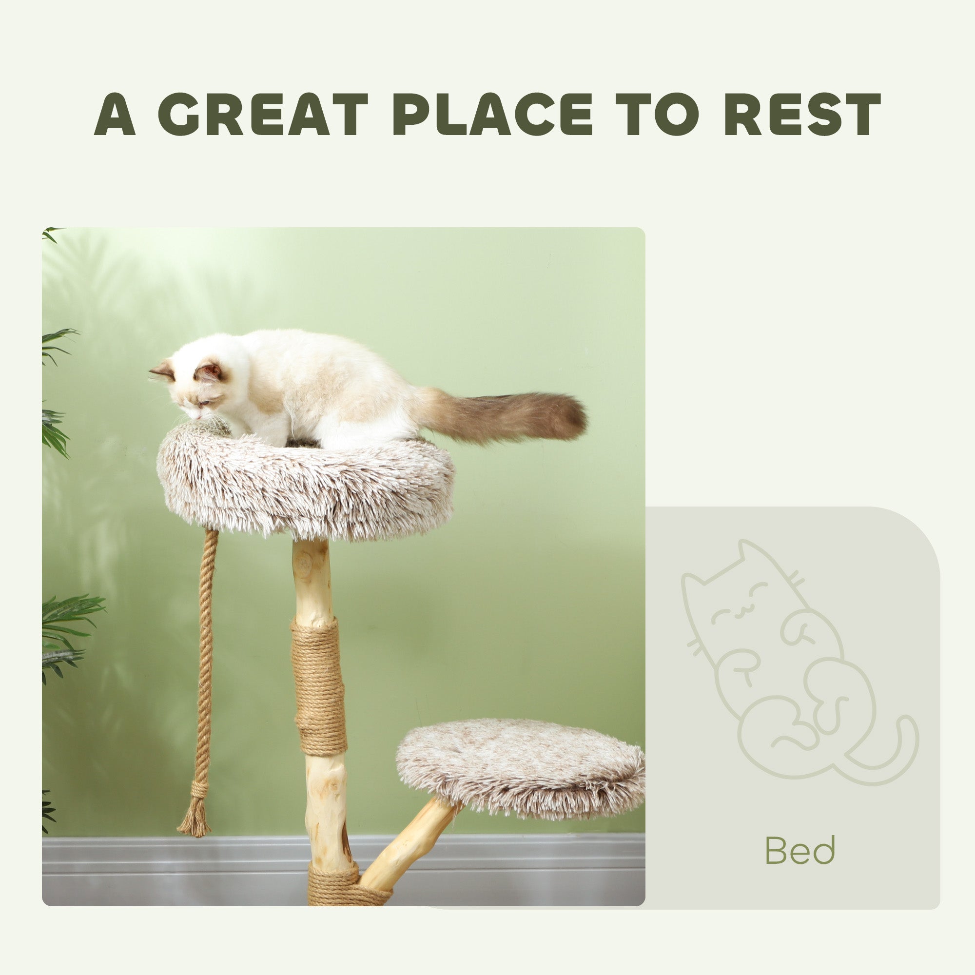 Fuzzy gray plush perch on WoodClimb 35’’ cat tree with dangling rope