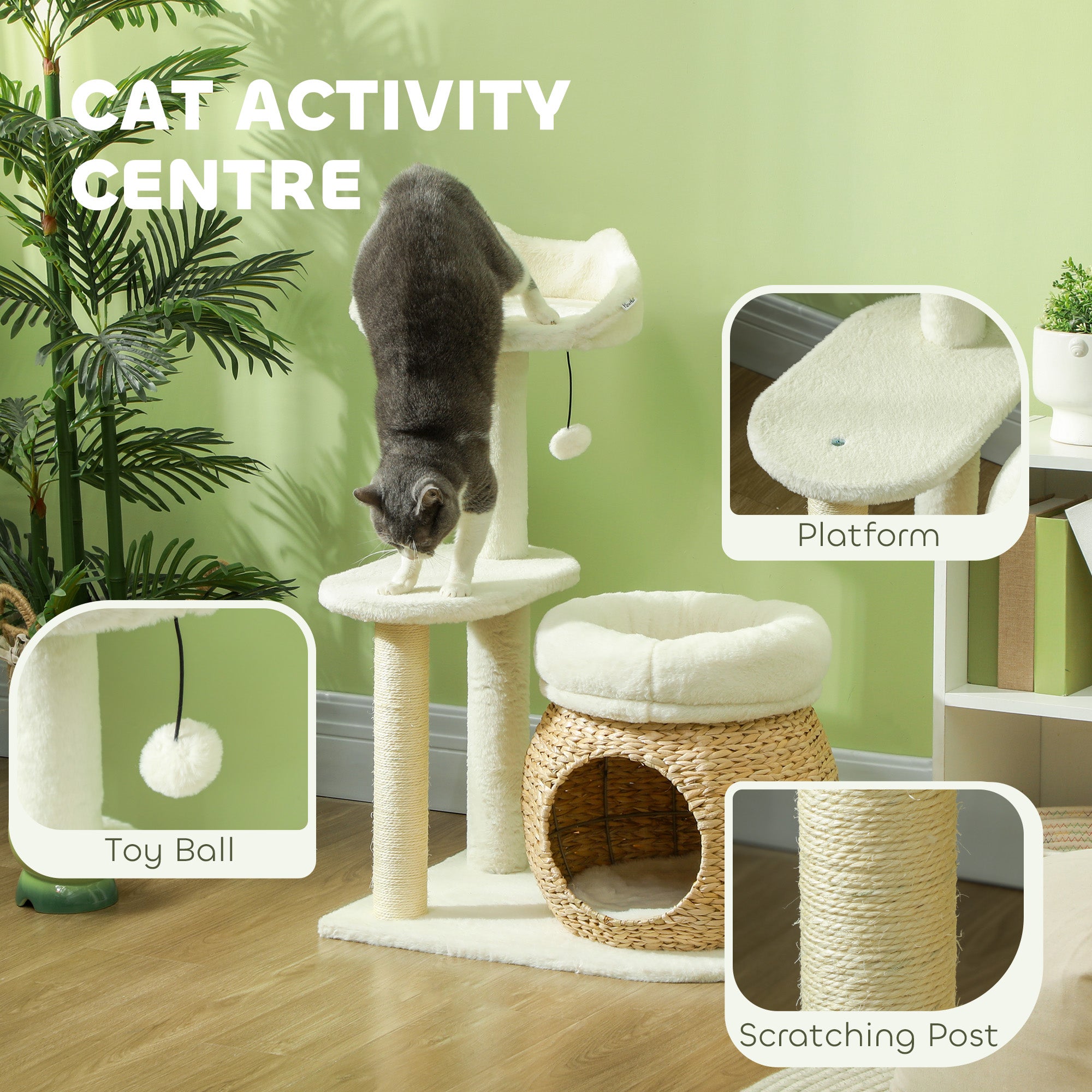White SoftClimb 31’’ cat tree with wicker hideaway and sisal posts
