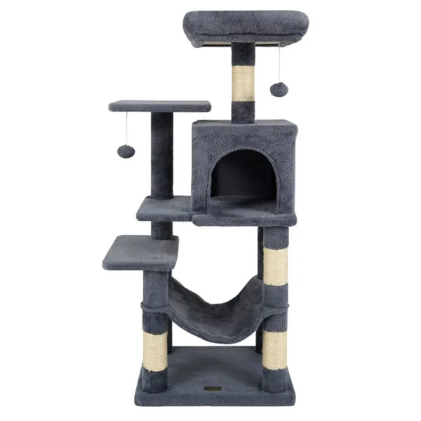 SkyRest 44’’ gray cat tree with plush carpet, sisal posts, perch and hammock