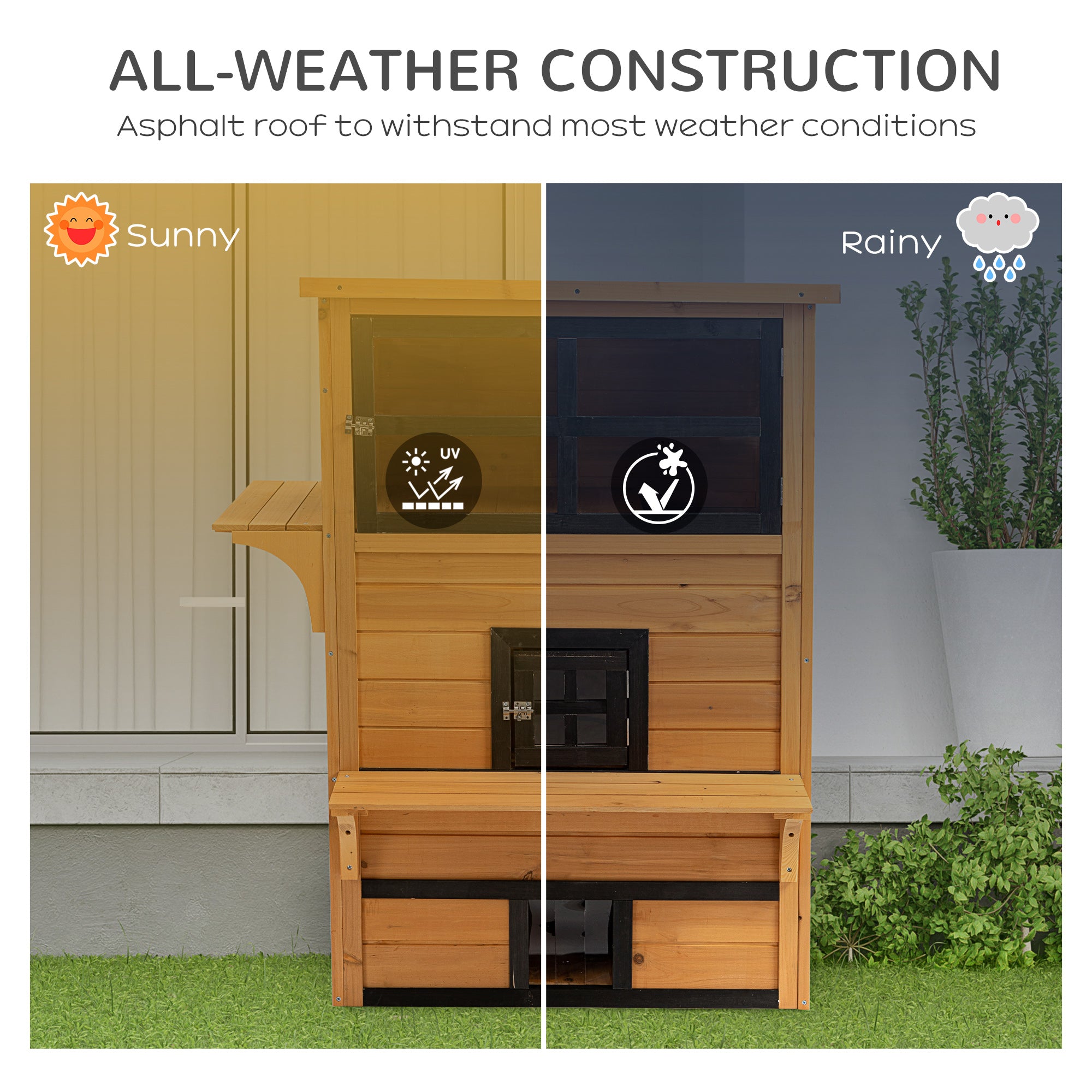 SunPaw 3-Tier cat house with wooden coop, asphalt roof, black accents