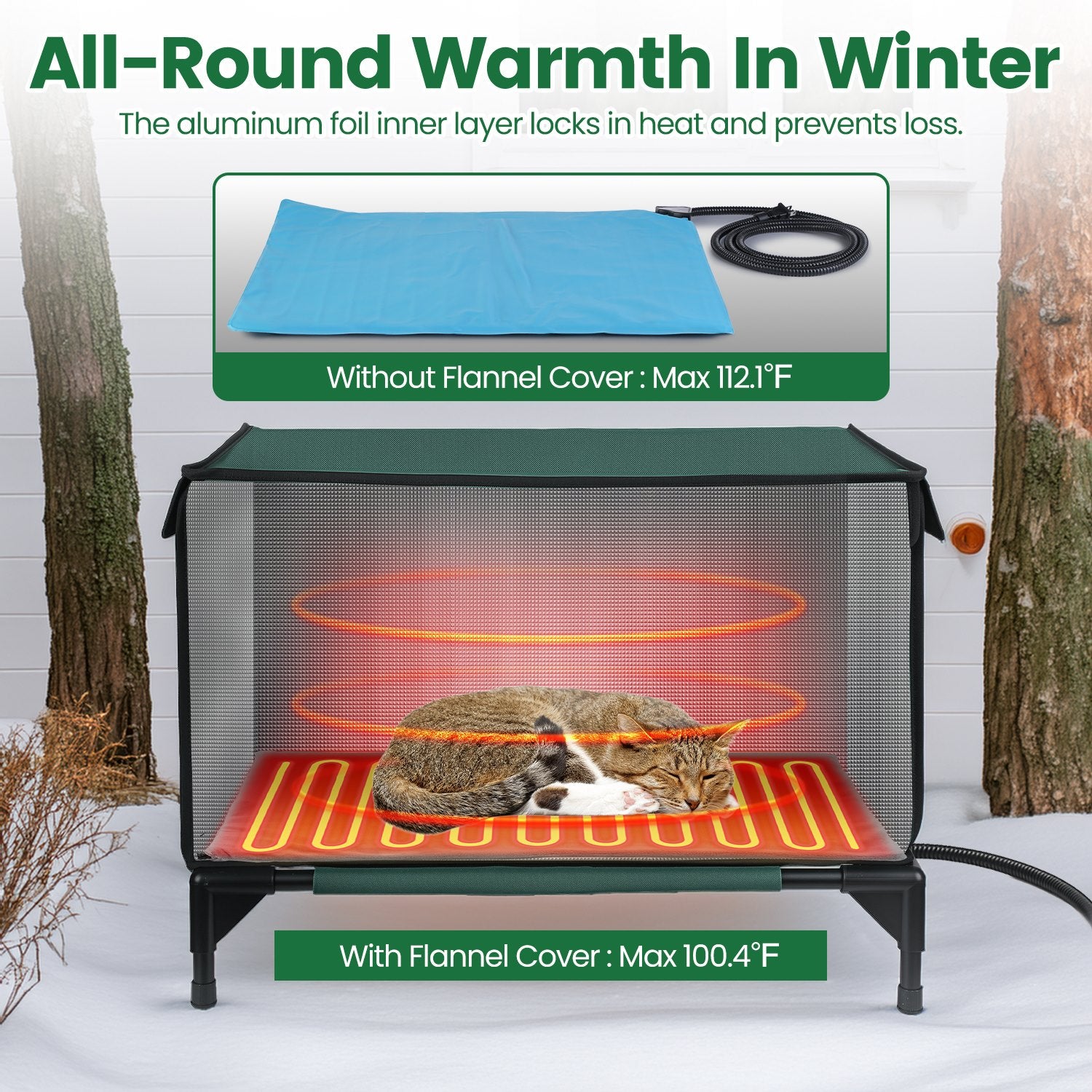 WarmHaven waterproof heated cat house green mesh heating pad