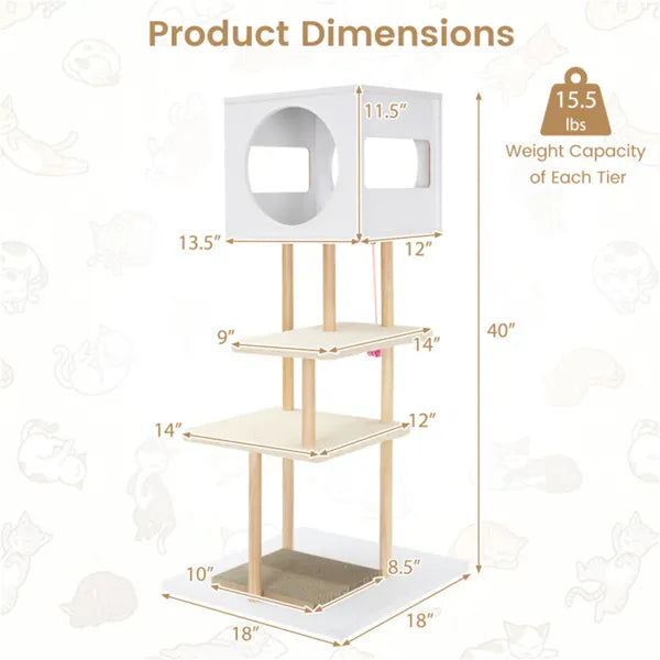 ClimbNest Multi-Level Cat Tree: white with light wood posts, 3 platforms, square cubby