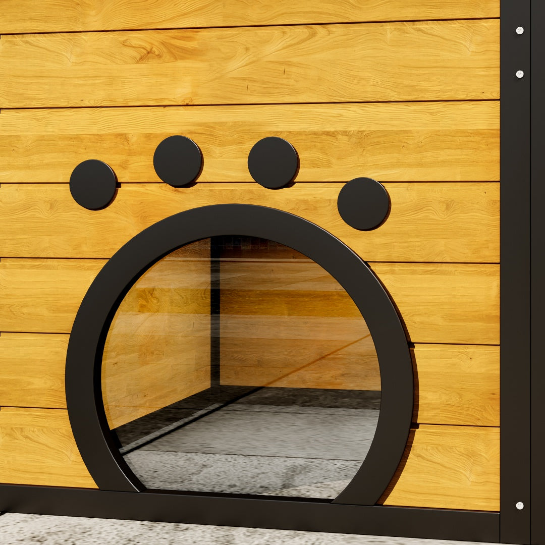 SunHaven Large outdoor catio black metal paw print entrance with circular door