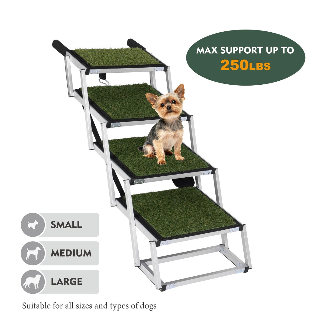 AutoStride silver-framed 4-step dog staircase with green grass treads