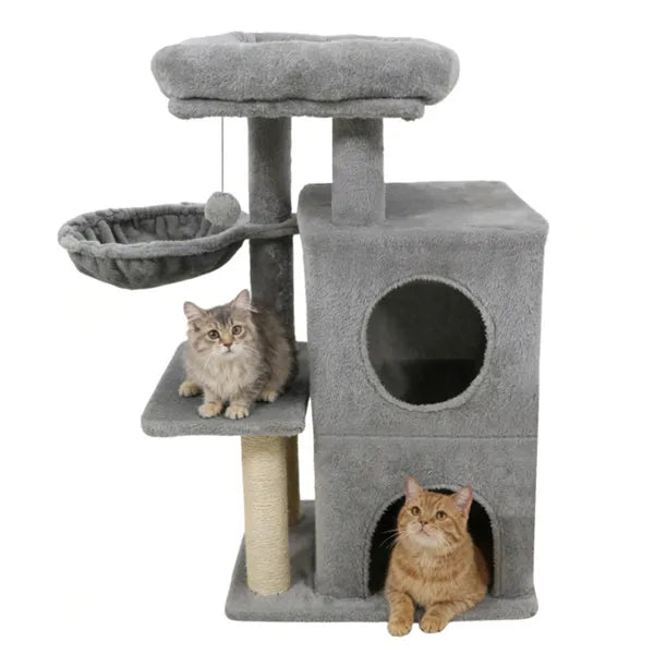 SafeClimb 33.5’’ light gray cat tree with hammock, scratching post, hideaway