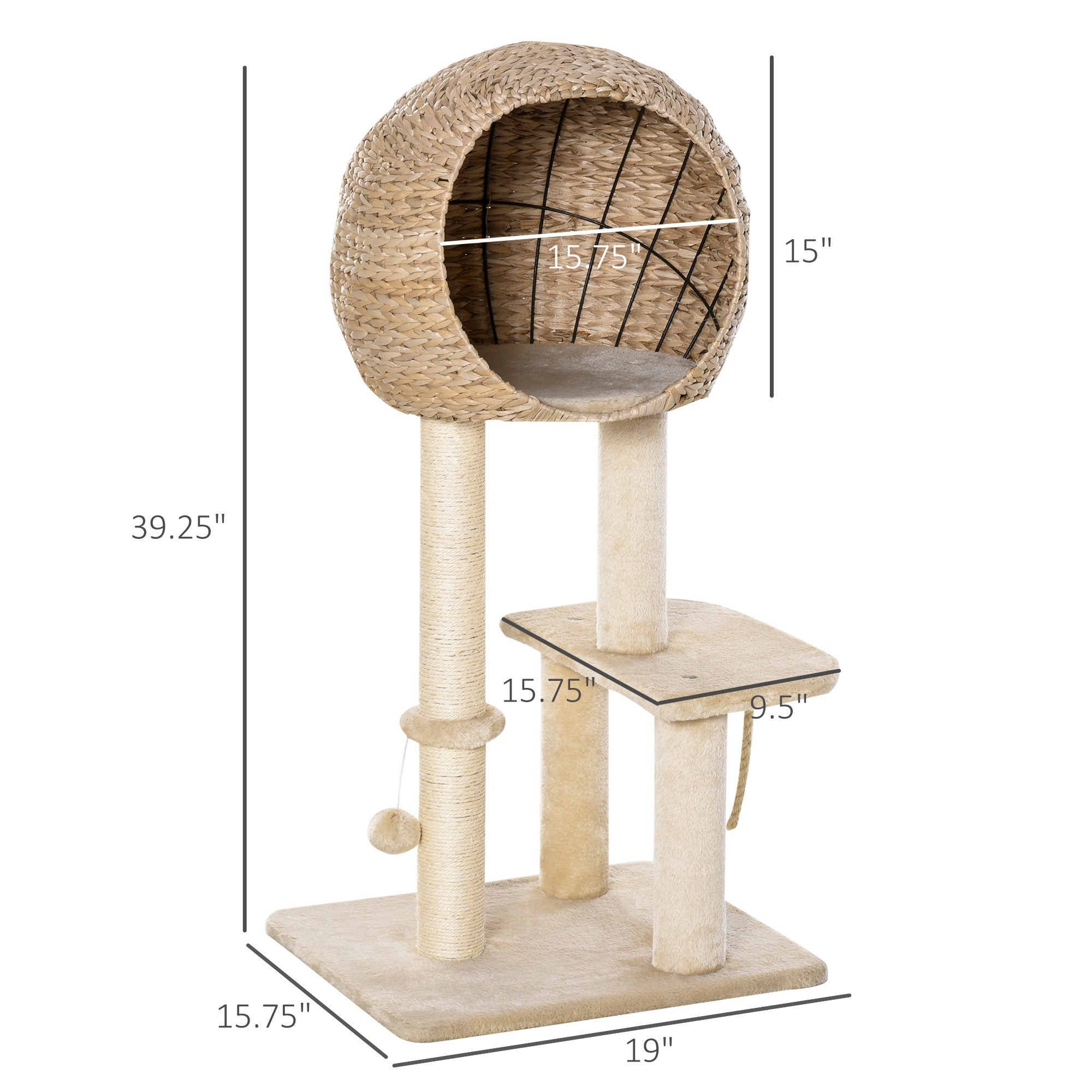 CozyClimb 39’’ beige wicker cat tree with spherical perch, sisal posts, platforms