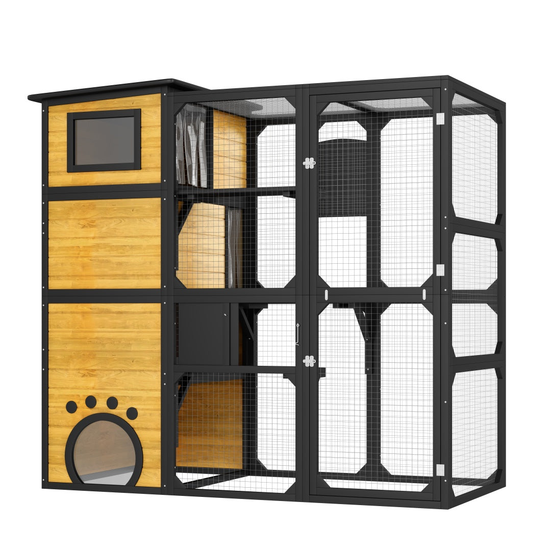 SunHaven Large Outdoor Cat Catio with 4 tiers, black and light wood enclosure