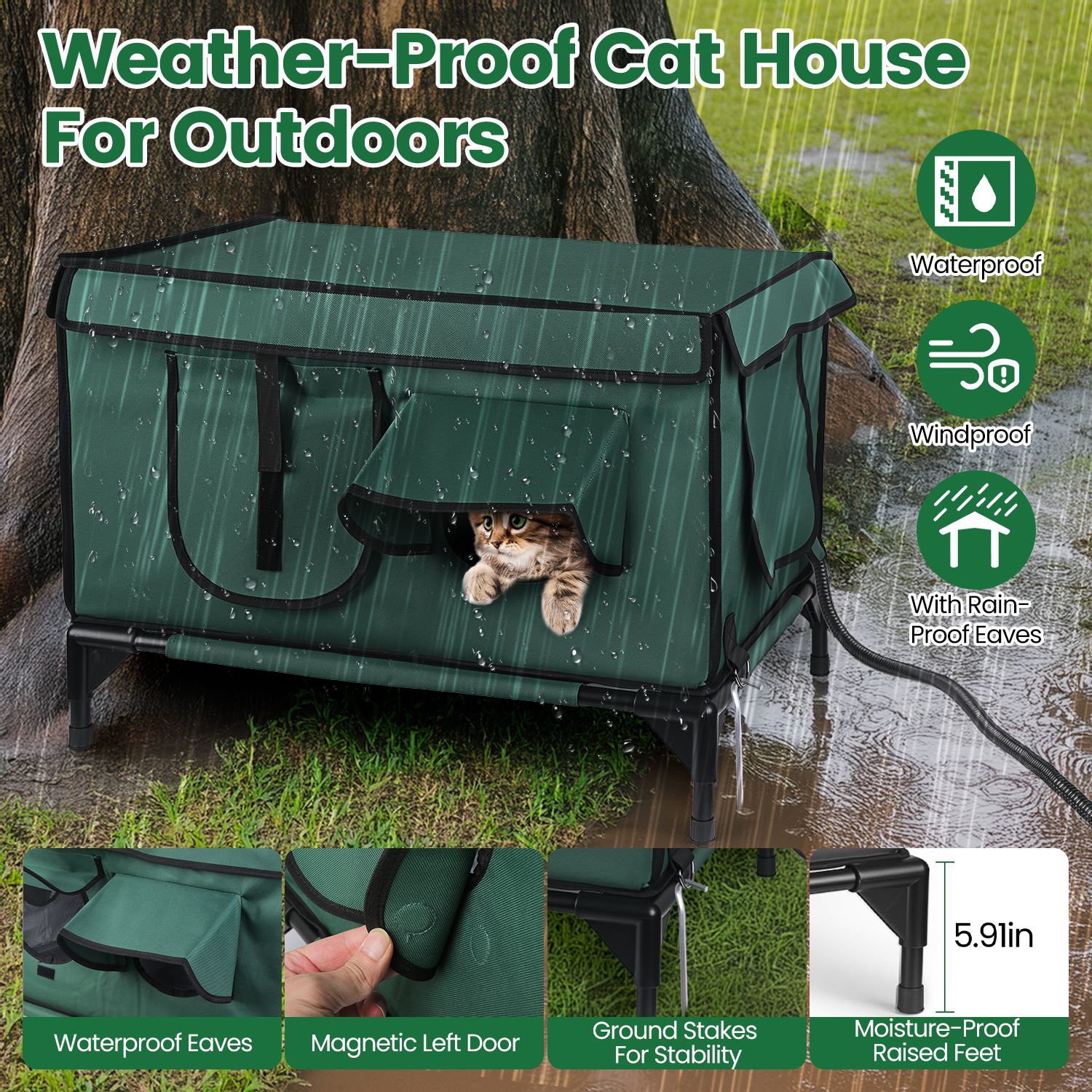WarmHaven waterproof heated cat house, green with black trim, metal legs
