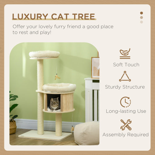 PlayNest 3-level beige cat tree with white platforms and hideaway