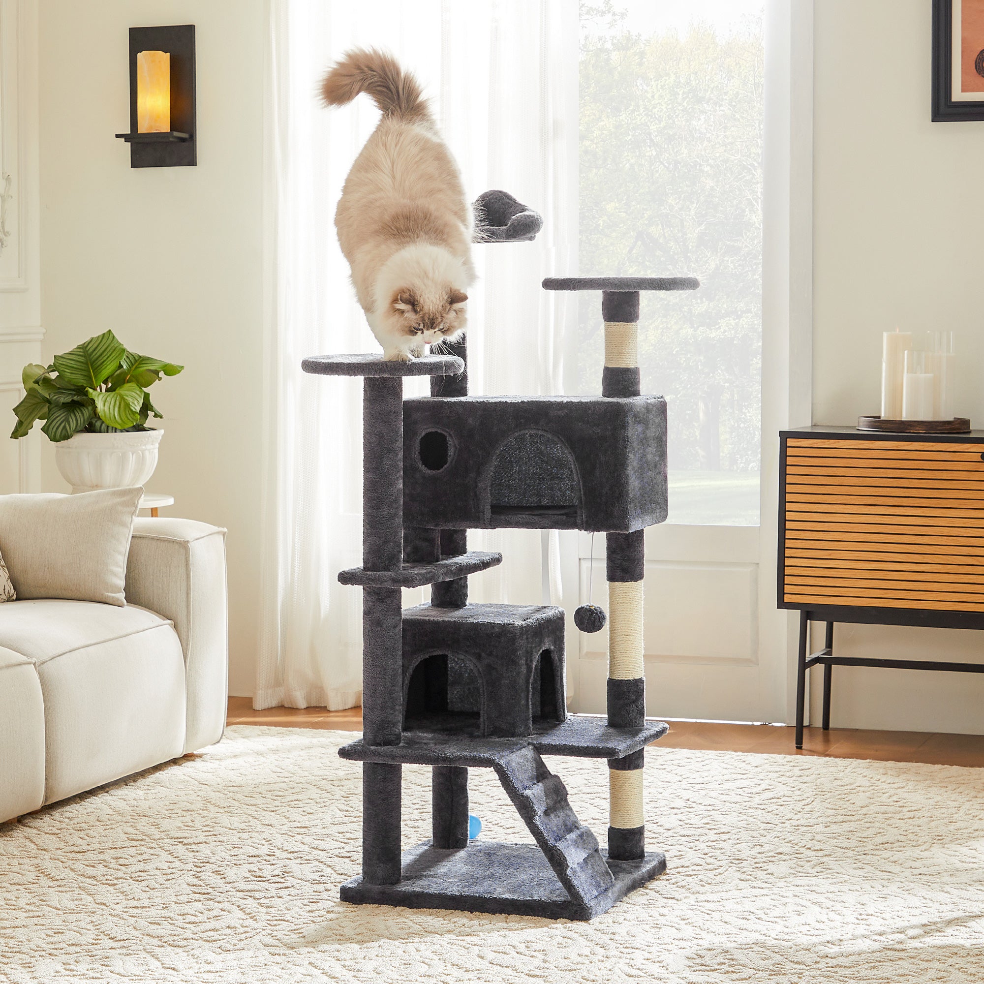 MegaClimb large dark gray plush cat tree with sisal posts and hideaway