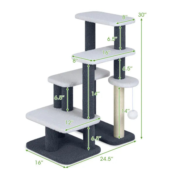 StepClimb 2-in-1 gray black cat tree stairs with sisal posts ball toy