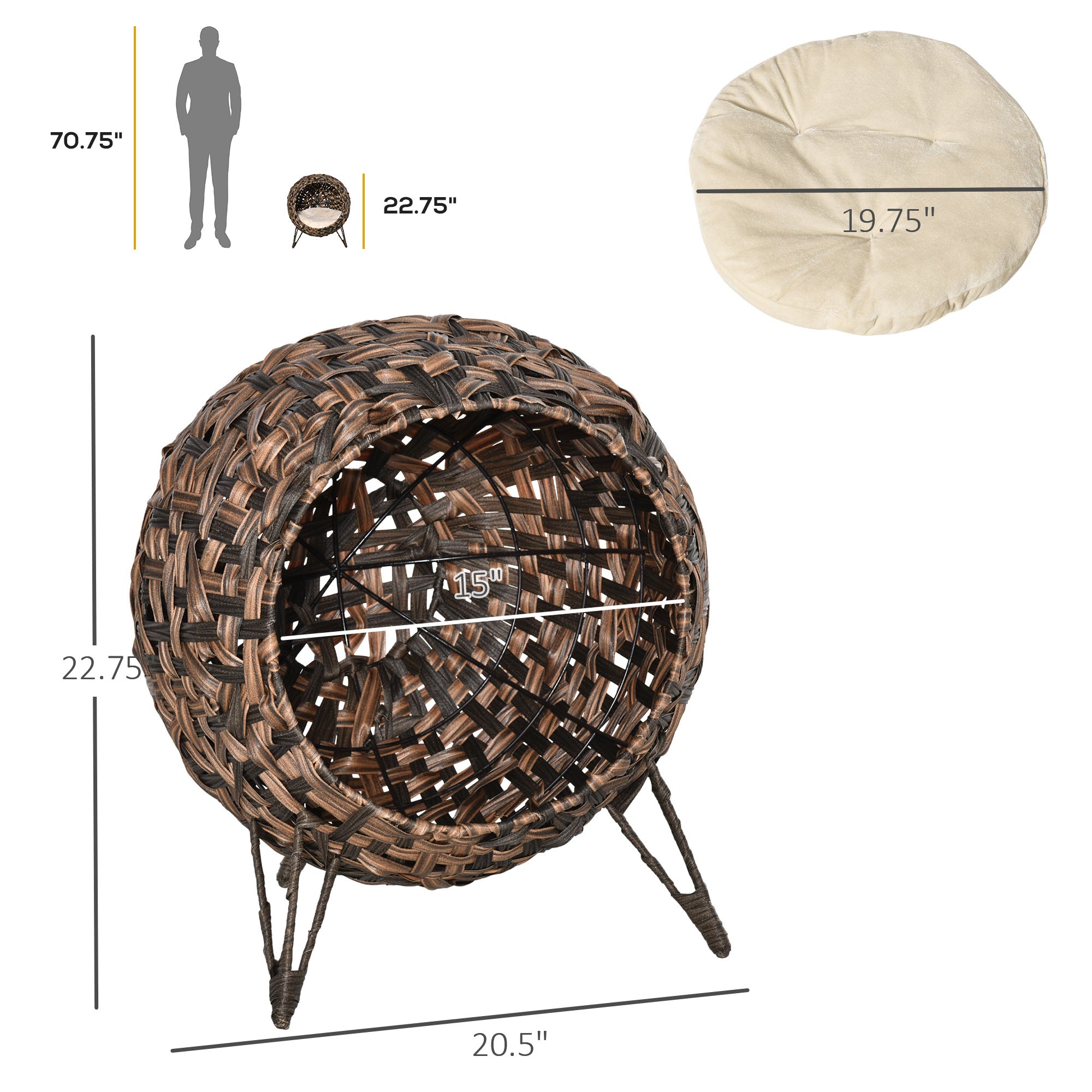 LeafNest 20.5’’ brown woven wicker egg chair cat bed with beige cushion
