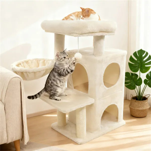 SafeClimb 33.5’’ cream plush multi-level cat tree with condo, archways, ball toy