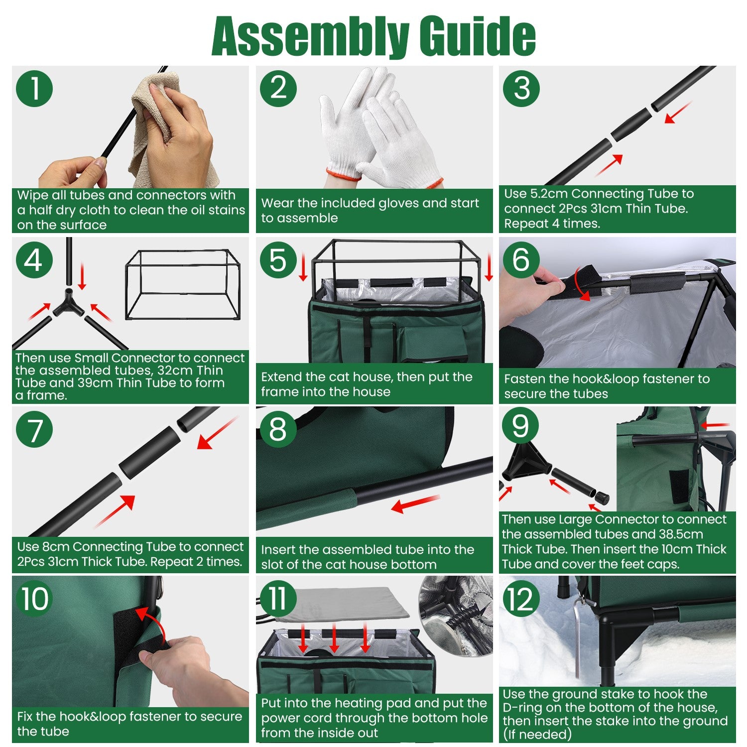 WarmHaven green fabric cat house with black metal frame and adjustable tubes