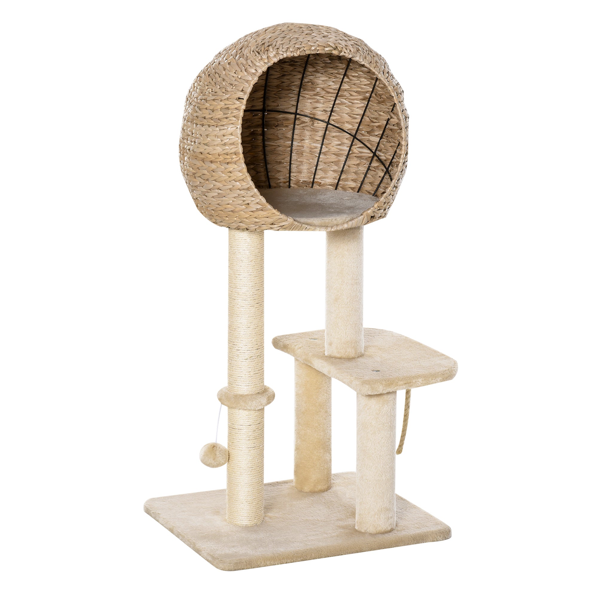 CozyClimb 39’’ beige wicker cat tree with spherical perch and sisal posts